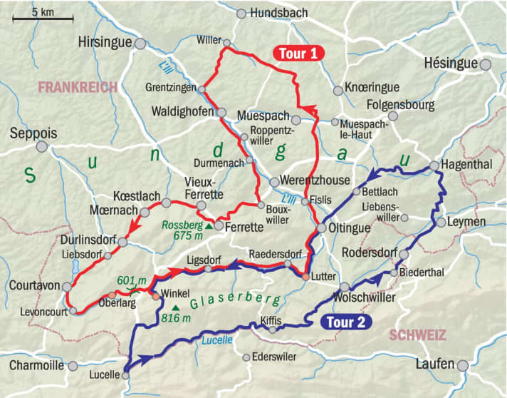 De twee tochten door de Franse Sundgau. | Kaart: MYBIKE