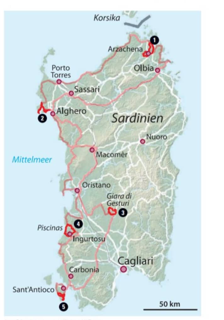 Sardinië: In het rood rijdt de fiets. In Orange, de camperroute