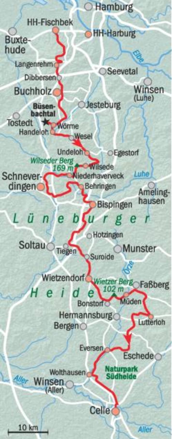 De route van de fietstocht door de Lüneburger Heide.
