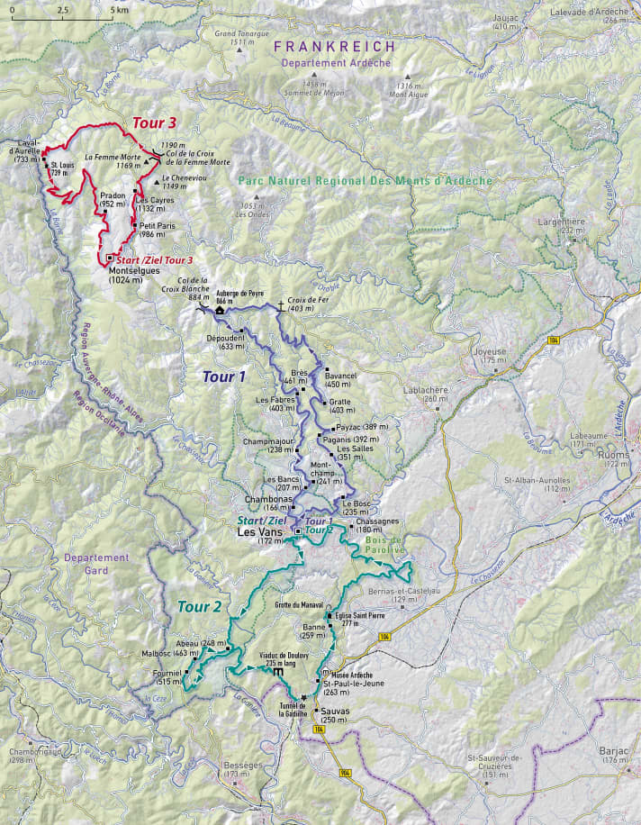 De Monts d'Ardèche in het zuidelijke departement Auvergne en zijn drie beste tochten voor mountainbikers. | Kaart: Karin Kunkel-Jarvers
