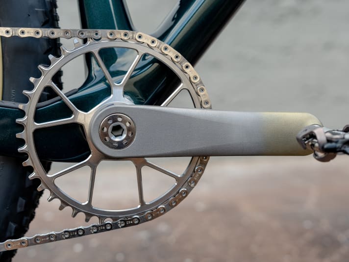 De crank is van Sturdy Cycles, het kettingblad is gemaakt in samenwerking tussen Dangerholm en Dward Design.