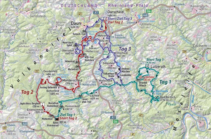 Twee etappes van A naar B en op de derde dag een grote trailronde rond de Dauner Maare.
