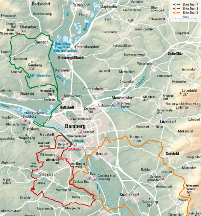 De drie BIKE-tochten rond Bamberg op de overzichtskaart.