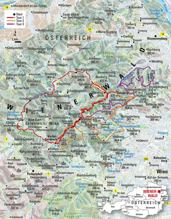 Overzichtskaart van de drie tochten in het Wienerwald