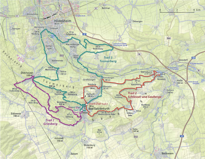 De drie beste MTB-tochten rond Bad Salzdetfurth op de overzichtskaart.