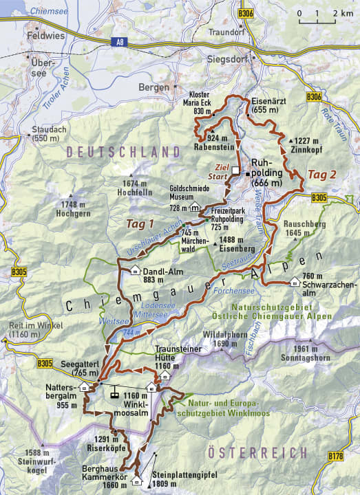 De tocht is de huttenvariant van de Chiemgauer Koningsroute en maakt een omweg over de Zinnkopf.