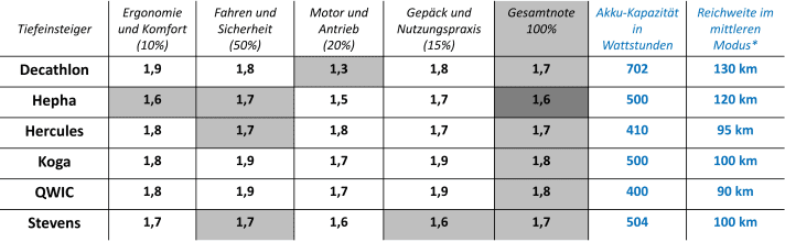 Tabel met de individuele scores van de goedkope e-bikes.