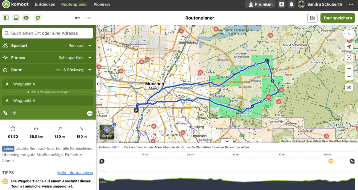 Komoot Routeplanner met Squares Browser Plugin