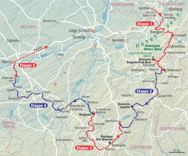 De tocht kan gemakkelijk worden onderverdeeld in vijf etappes. Het start- en eindpunt zijn met de trein te bereiken.