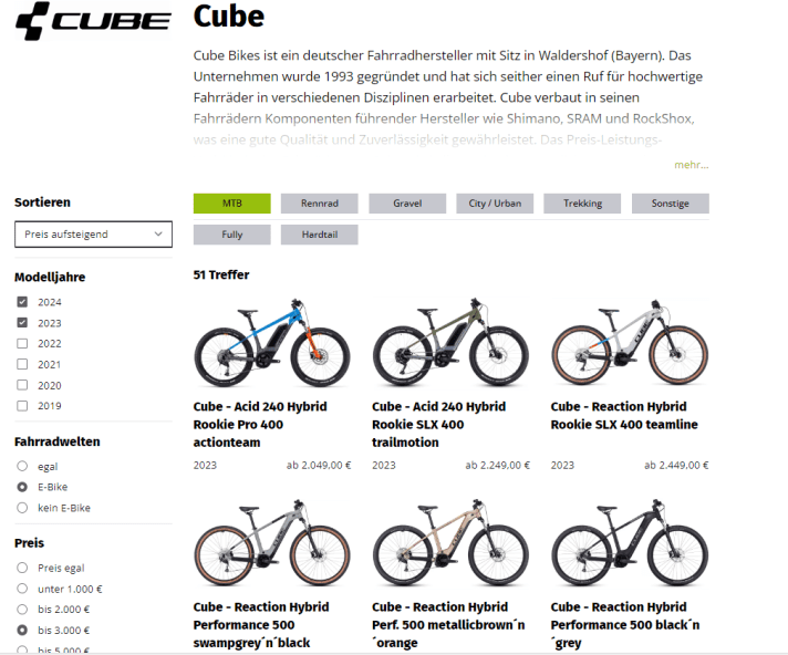 Voorbeeld filtering: Een e-MTB van Cube tot 3000 euro van de afgelopen twee jaar, te beginnen met de goedkoopste fiets.